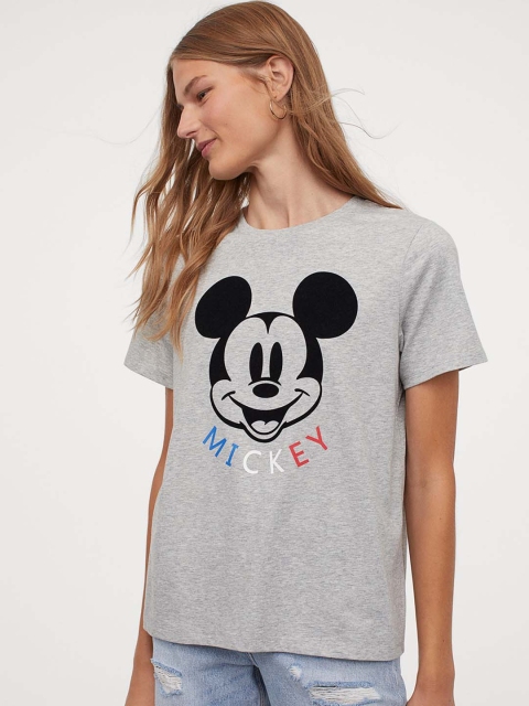 H&M Women Grey Mickey Printed T-shirt with a Motif