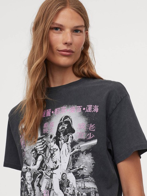 H&M Women Grey Oversized Printed T-shirt