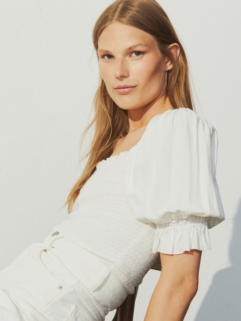 H&M Women White Solid Puff-Sleeved Smocked Blouse