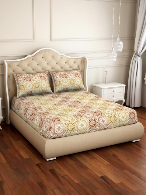 CORE Designed by SPACES White & Brown Ethnic Motifs 104 TC Cotton 1 Queen Bedsheet with 2 Pillow Covers