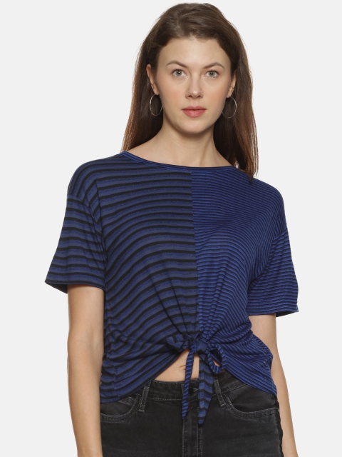 Campus Sutra Women Navy Blue Striped Tie-Waist Crop Top