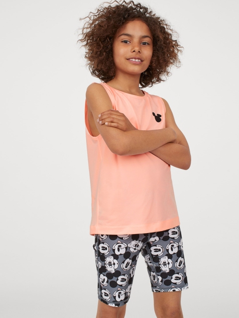 H&M Girls Coral & Black Solid T-shirt with Shorts