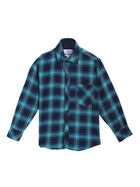 Kidling Boys Navy Blue & Sea Green Checked Casual Shirt