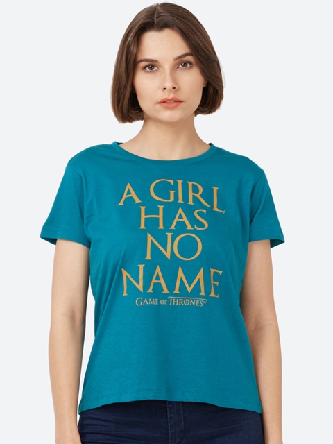 Free Authority Women Teal Blue Printed Round Neck T-shirt