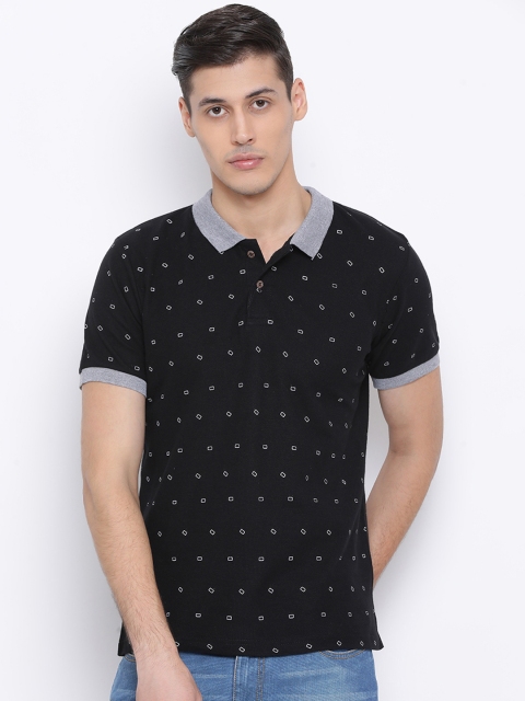 REALM Men Black Printed Polo Collar T-shirt