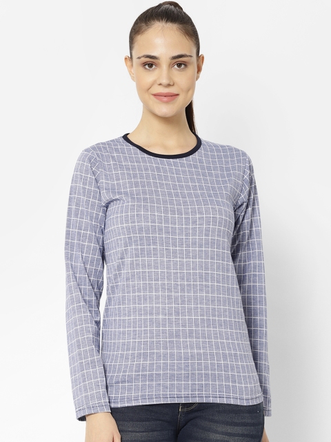 VIMAL JONNEY Women Blue Checked Round Neck T-shirt