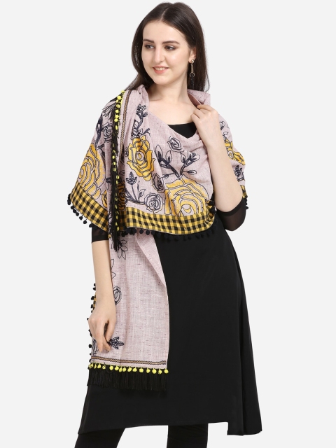 Mesmora Women Grey & Yellow Embroidered Stole