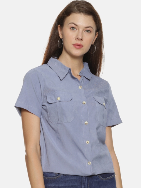 Campus Sutra Women Blue Solid Casual Styled Back Shirt