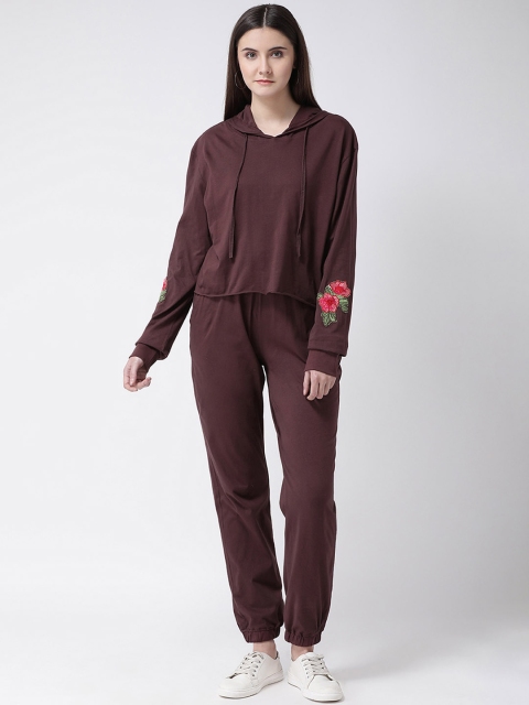 Aayna Women Brown & Pink Embroidered Hooded Tracksuit