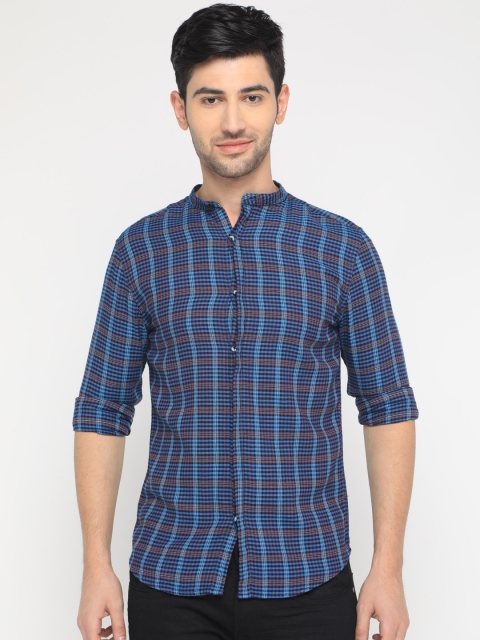 WITH Men Navy Blue Slim Fit Checked Casual Shirt