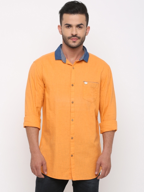 WITH Men Orange Slim Fit Solid Casual Shirt