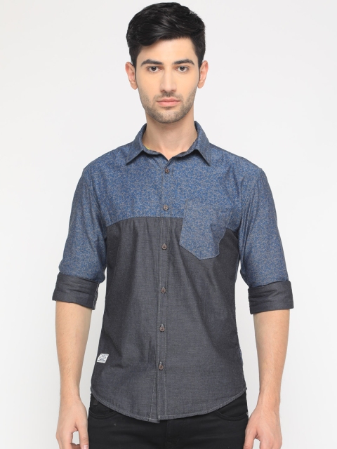 WITH Men Blue & Grey Slim Fit Colourblocked Casual Shirt