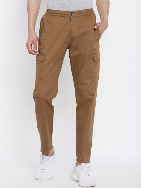 Okane Men Tan Brown Regular Fit Solid Cargos
