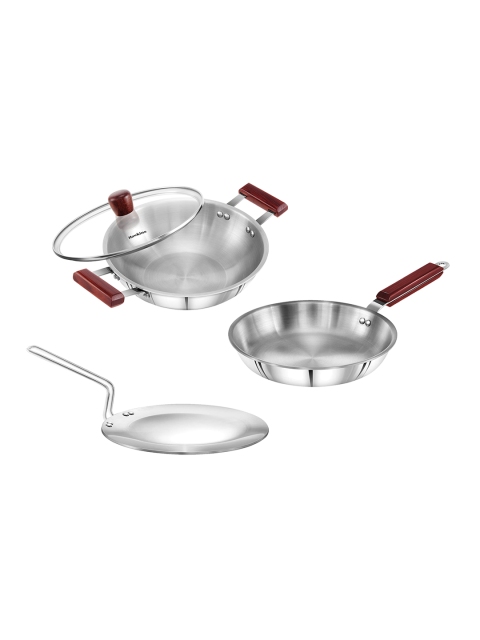 Hawkins Set Of 3 Silver-Toned & Brown Stainless Steel Cookware