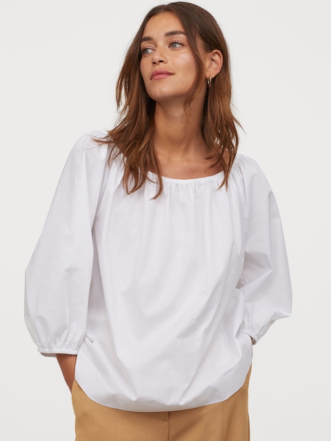 H&M Women White Puff-Sleeved Cotton Blouse