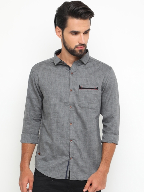WITH Men Grey Slim Fit Solid Casual Shirt