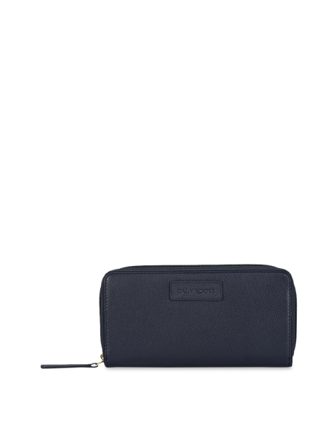 Calvadoss Women Navy Blue Textured Premium Leather Zip Around Wallet