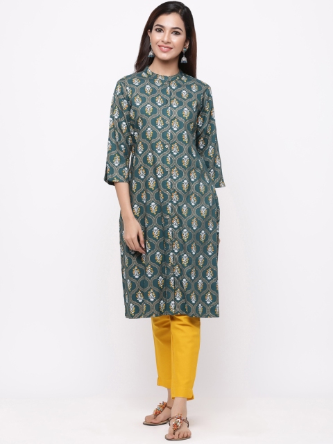 Juniper Women Green & White Printed A-Line Kurta