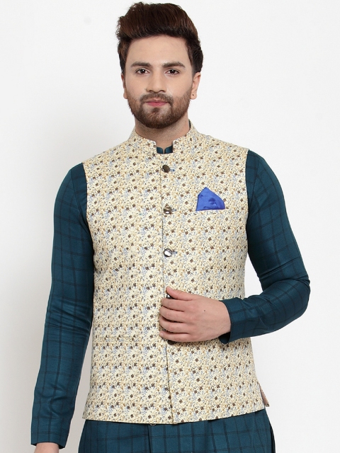 MAXENCE Men Cream Floral Print Nehru Jacket