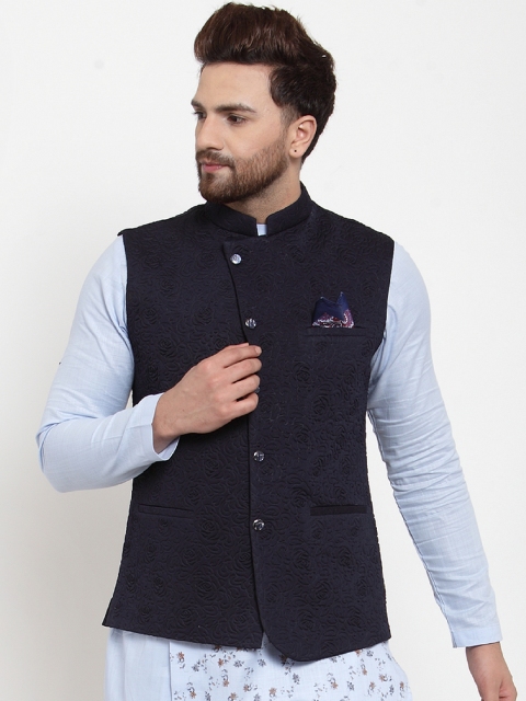 MAXENCE Men Navy Blue Solid Woven Design Nehru Jacket