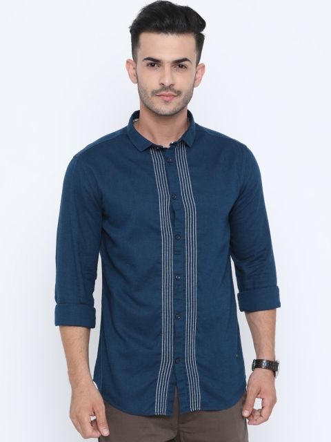 WITH Men Blue & White Slim Fit Striped Casual Shirt