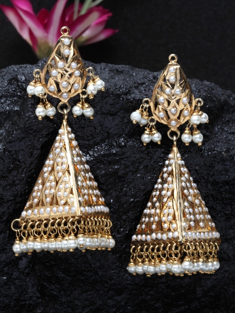 DUGRISTYLE Gold-Plated & White Dome Shaped Jadau Jhumkas
