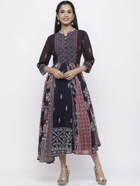 Juniper Women Navy Blue & Red Printed Fit and Flare Dress