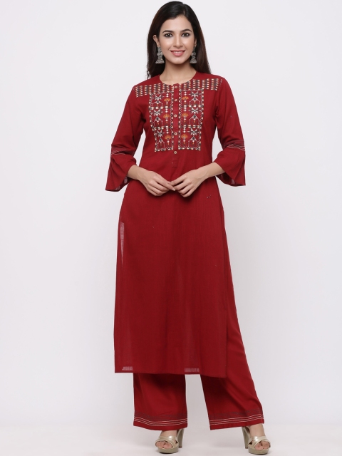 Juniper Women Maroon & White Embroidered Kurta with Palazzos