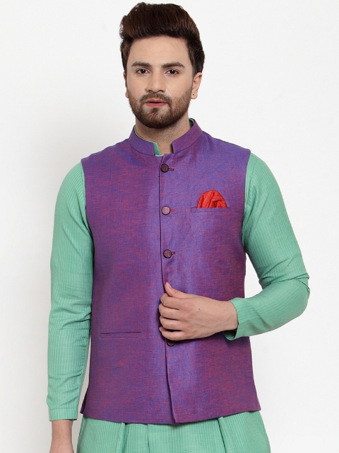MAXENCE Men Lavender Solid Nehru Jacket & Pocket Square