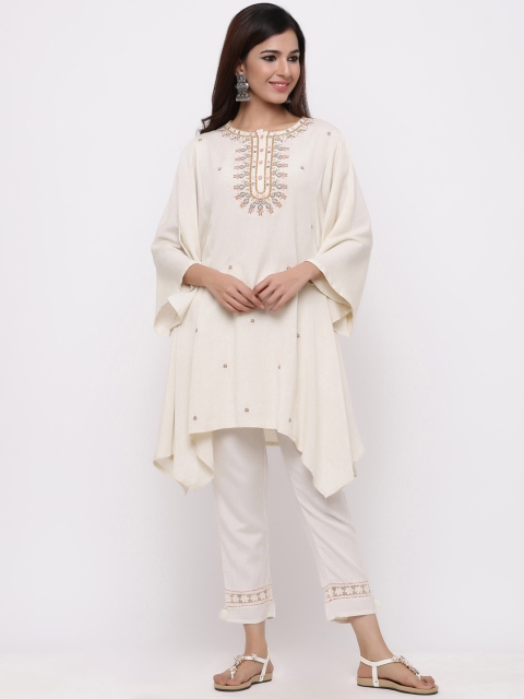 Juniper Off White Rayon Flex Embroidered Asymmetric Tunic