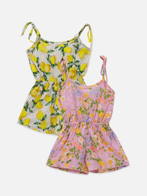 LilPicks Girls Pack of 2 Printed Playsuits, Pink