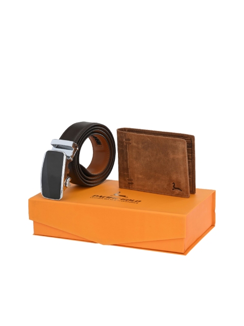 Pacific Gold Men Brown Genuine Leather Autolock Belt & Wallet Gift Set
