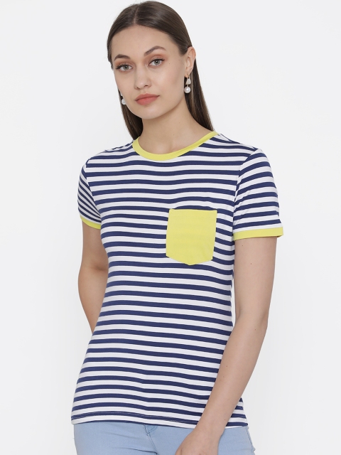 DOOR74 Women Navy Blue Striped Round Neck T-shirt