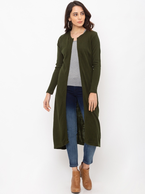 Globus Women Olive Green Solid Open Front Cardigan Shrug