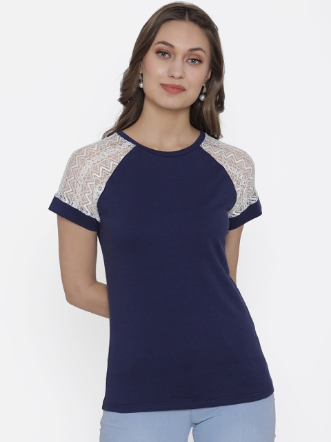 DOOR74 Women Navy Blue & White Colourblocked Round Neck T-shirt