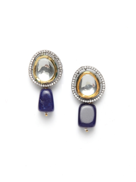 DUGRISTYLE Navy Blue Gold-Plated Kundan-Studded Geometric Studs
