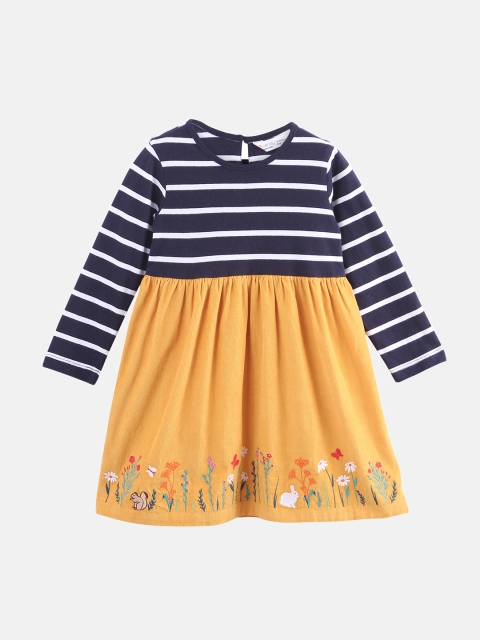 Beebay Girls Yellow & Navy Blue Colourblocked A-Line Dress