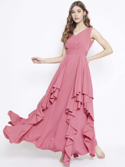 Berrylush Women Pink Solid Ruffled Maxi Dress