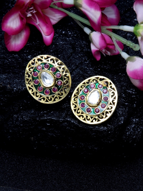 DUGRISTYLE Gold-Plated & Red Kundan Studded Circular Drop Earrings
