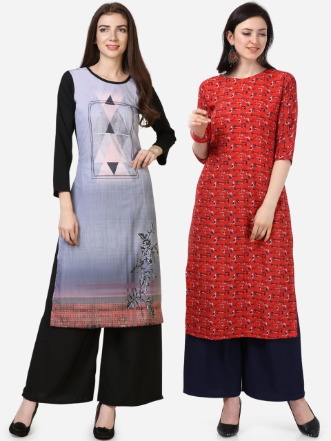 Silk Bazar Women Set of 2 Printed Straight Kurtas, Lavender