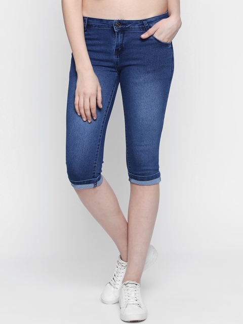 fungus Women Blue Solid Slim Fit Capris