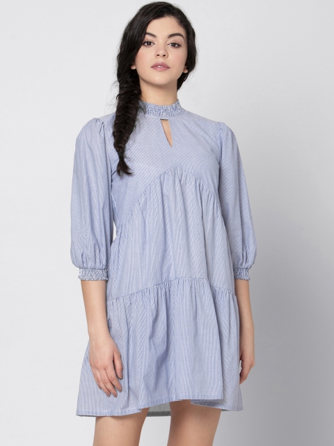 FabAlley Women Blue & White Striped Choker Neck A-Line Dress