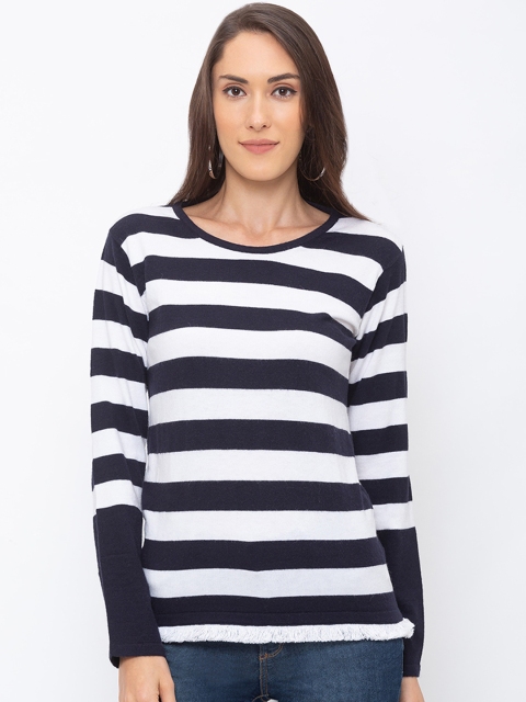 Globus Women Navy Blue & White Striped Pure Cotton Top