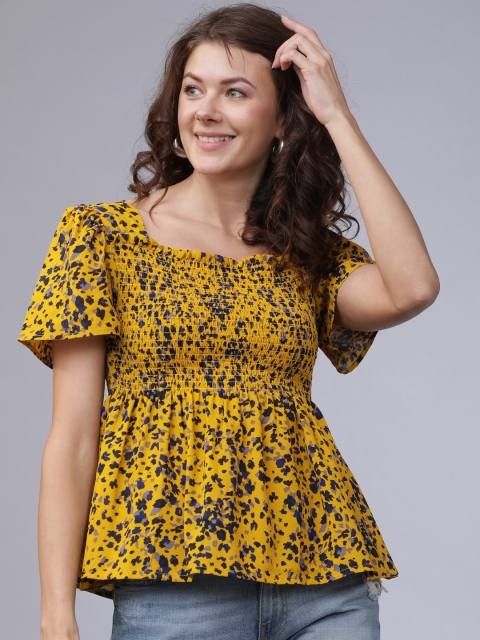 Tokyo Talkies Women Mustard Yellow & Navy Blue Animal Printed Top