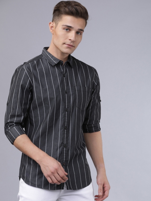 Ecko Unltd Men Charcoal Grey & White Slim Fit Striped Casual Shirt
