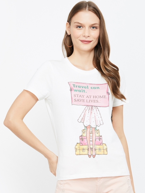 Ginger by Lifestyle Women White Printed Round Neck T-shirt