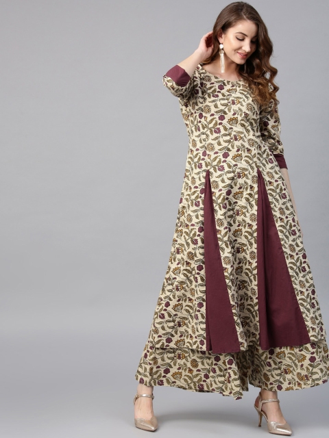 AKS Women Beige & Burgundy Printed A-Line Kurta