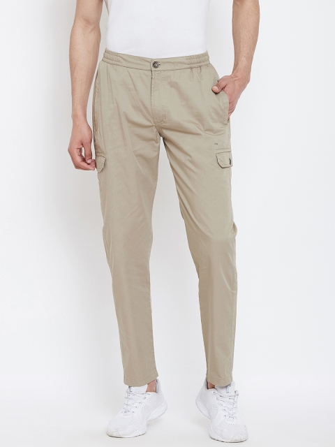 Okane Men Beige Regular Fit Solid Cargos