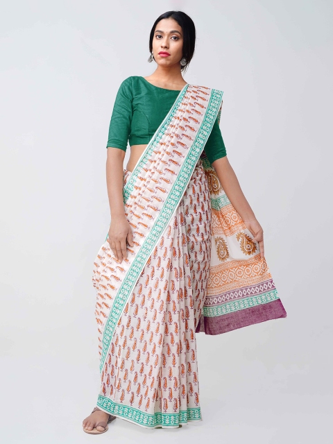 Unnati Silks Off-White & Red Pure Cotton Printed Handloom Saree