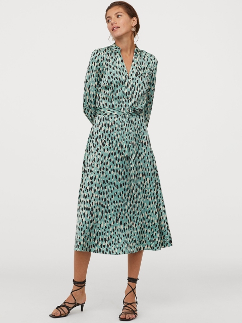 H&M Women Green & Black Patterned Satin Dress